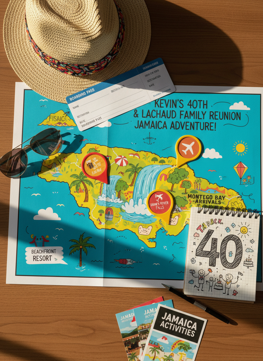 A playful, map-style travel planning vignette for Kevin’s 40th and the Lachaud family reunion, shown in photographic realism on a wooden desk with no one present. A large, colorful printed map of Jamaica is spread out, with tiny decorative markers highlighting a beachfront resort, waterfalls, and a city for arrivals. Around the map lie a pair of sunglasses, a straw hat, a blank boarding pass, and a small notepad labeled with a hand-drawn “40” and family doodles. Soft afternoon window light streams from the left, creating gentle shadows and subtle paper textures. Shot from directly overhead with sharp focus and vibrant colors, the mood is adventurous, organized, and playful, emphasizing travel plans and coordination for the big celebration.